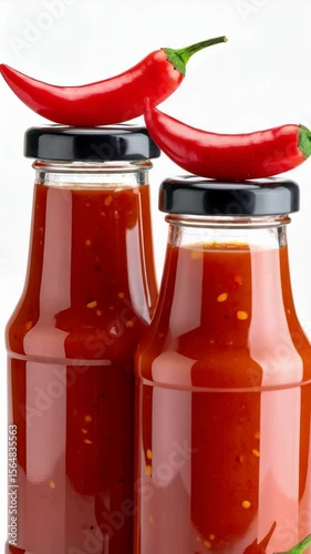 Glass bottles filled with red chili sauce sit with chili peppers resting on the tops on a seamless white backdrop.