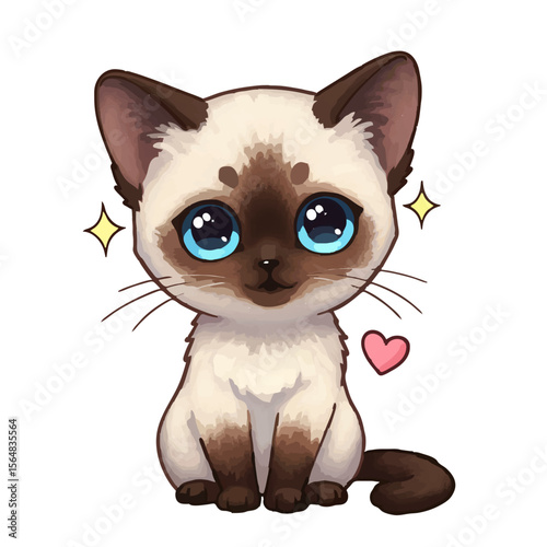 Cute Cartoon Siamese Cat with Big Blue Eyes Illustration