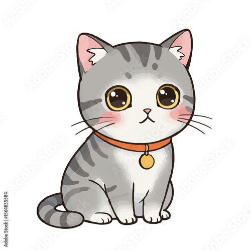 Cute Cartoon Gray Striped Kitten with Collar Illustration