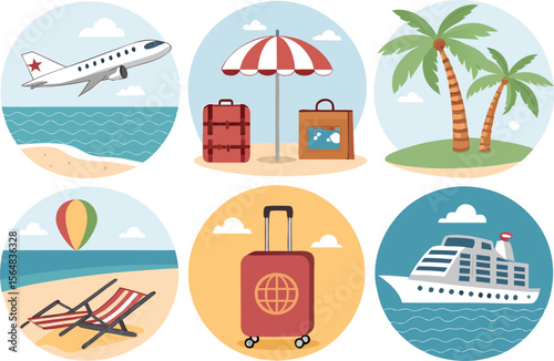 Vacation Travel Icon Set – Summer-Themed Elements for Tourism Editorials, Leisure Branding, and Adventure UI Kits