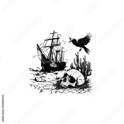Shipwreck stranded in the desert design vector template illustration