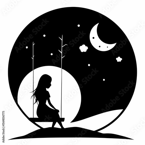 Black and white a girl sits on a swing vector icon on white background.