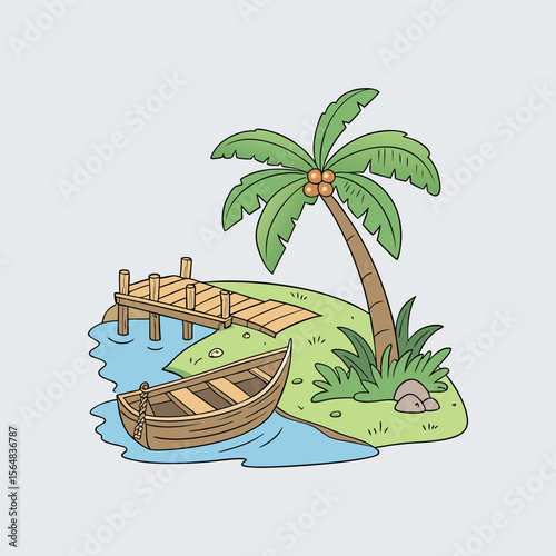 Cartoon illustration of a tropical island scene with a palm tree and a wooden boat docked