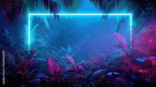 Neon rectangle shape glowing in a tropical jungle at night in 80s synthwave style