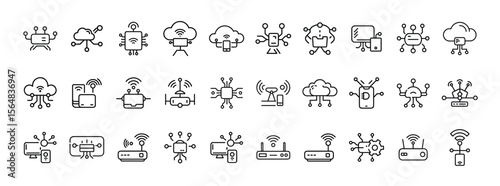 Network, connection, data sharing, cloud computing, and wireless communication minimal thin line web icon set. Outline icons collection. Simple vector illustration.