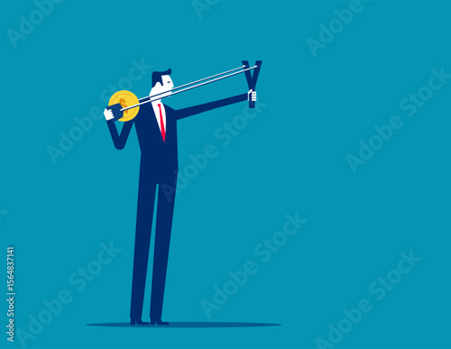 Contemplation. Business throwing coin with slingshot