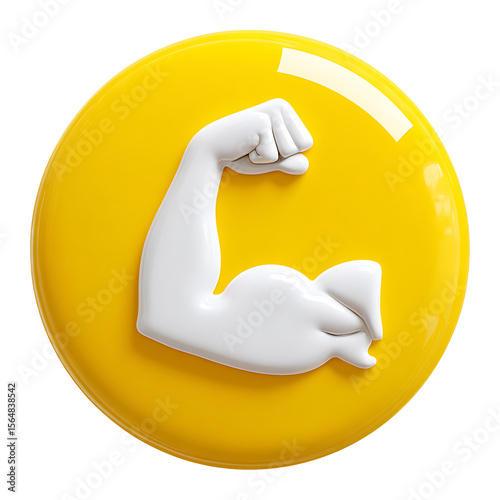 Glossy Yellow Arm Flexing Bicep Emoji on yellow rounded shape, transparent background.