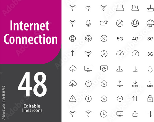 Internet Connection Line Icons, WiFi Signal, Router, Ethernet, Mobile Data, Cloud Sync, Editable Formats: AI, EPS, PNG, Ideal for Both Digital and Print Use
