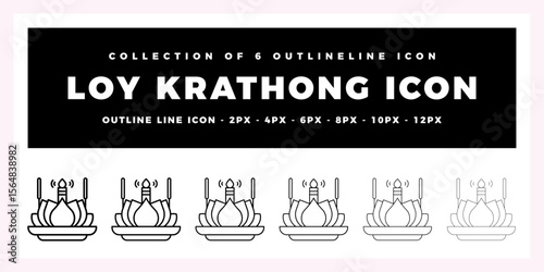 Loy Krathong Festival Collection of 6 Outline Icons