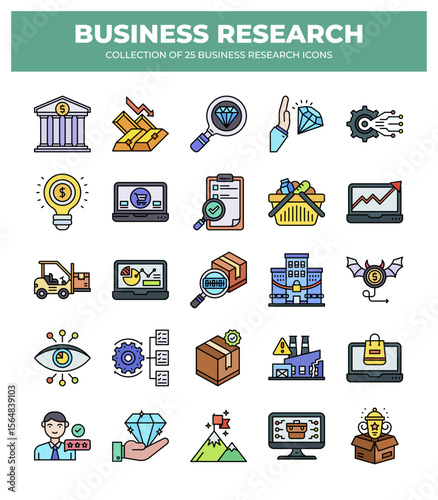 Collection of Business Research Icons: Data Analysis. Market Research. and Financial Analysis Visuals