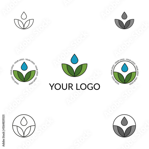 Eco Agriculture, Logo Template with Leaf and Water Drop in Minimalist Linear Style, template for business