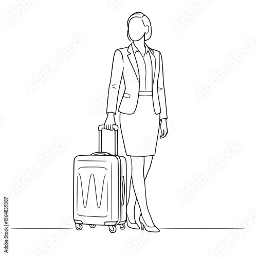 Businesswoman Standing with Luggage in Minimalist Line Art
