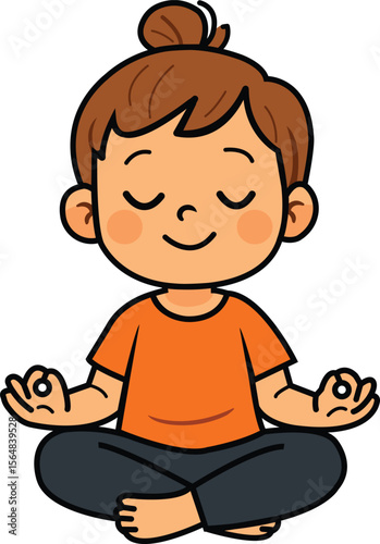 Cute Kid Meditating in Lotus Pose Cartoon Illustration 