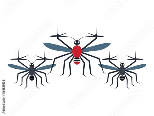 Three stylized mosquitoes with drone propellers instead of wings and legs on a white background
