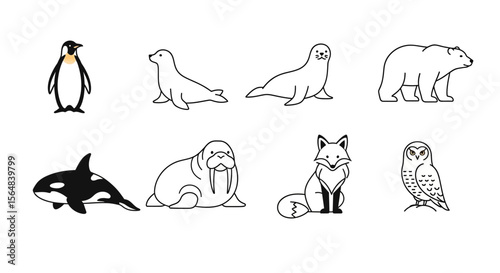 Vector arctic animals vector illustration set featuring penguin, seal, orca, walrus, bear, fox and owl icon set