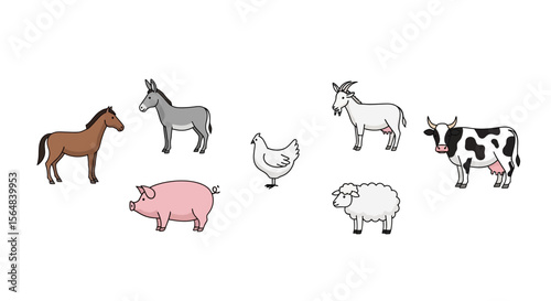 Vector illustration of farm animals including horse donkey pig chicken goat sheep and cow vector graphics image