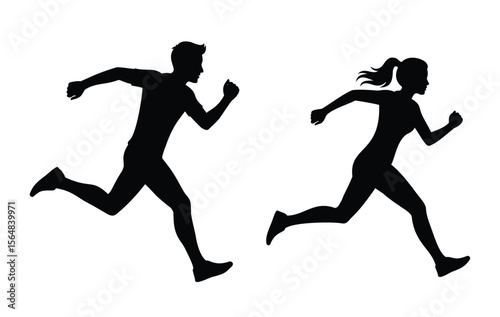 Running man and woman side by side silhouettes, male and female, for fitness, sport, and active lifestyle themes