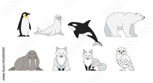 Vector arctic animals illustration featuring penguin seal orca polar bear walrus fox and snowy owl vector art