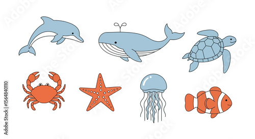 Vector ocean animals illustration featuring dolphin whale turtle crab starfish jellyfish and clownfish sea life drawing