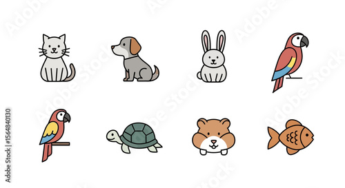 Vector cute cartoon pets vector illustration featuring cat dog rabbit parrot turtle hamster and fish design set 100