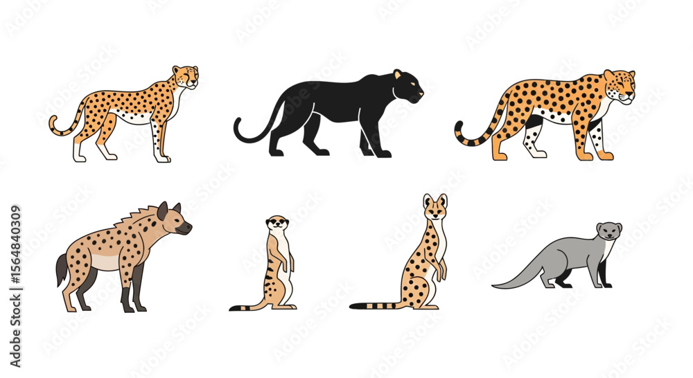 Vector vector illustration of african animals cheetah panther leopard hyena meerkat serval otter for wildlife design