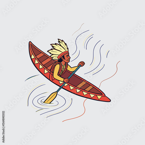Native American man in traditional headdress paddling a canoe on water