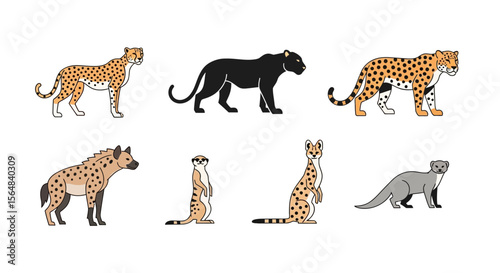 Vector vector illustration of african animals cheetah panther leopard hyena meerkat serval otter for wildlife design