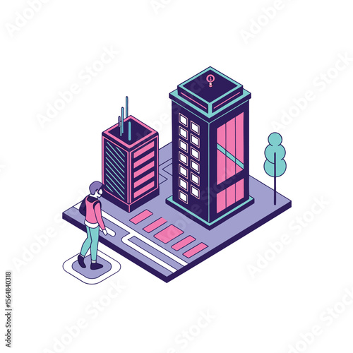 Futuristic city skyline presented in an isometric view, displaying urban architecture and a pedestrian in a modern, stylised graphic.