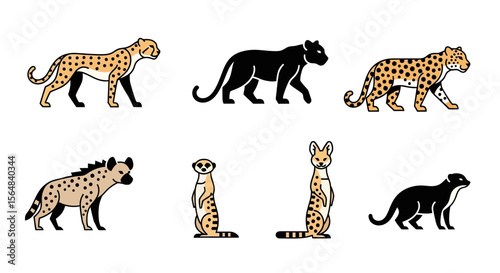 Vector illustration of african animals including cheetah panther leopard hyena meerkat serval and mongoose isolated