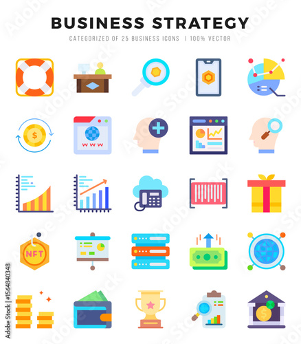 Business Strategy Flat icons collection. 25 icon set. Vector illustration.