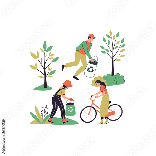 Illustrative graphic shows people collecting waste for recycling to maintain a cleaner environment and a sustainable ecology system.