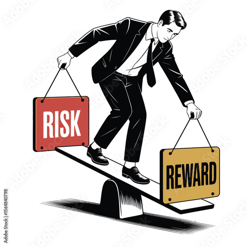 Black and white vector of businessman balancing on seesaw between risk and reward symbols representing business decision making