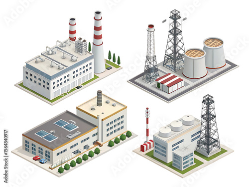 Industrial Factory and Power Plant Silhouette Set, Vector Icon Collection of Industrial Buildings