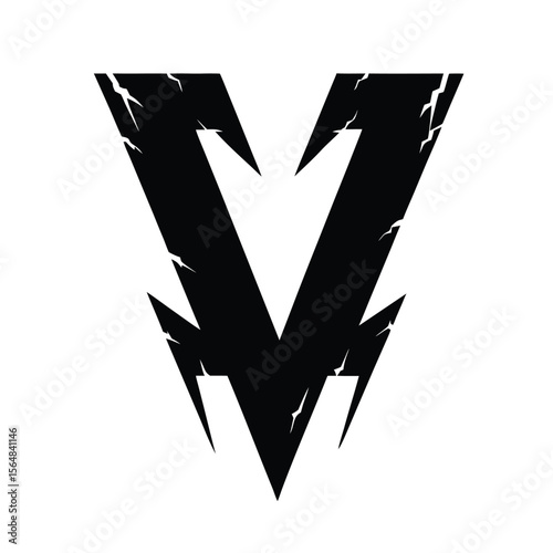 Distressed letter v with cracks and sharp edges silhouette vector illustration