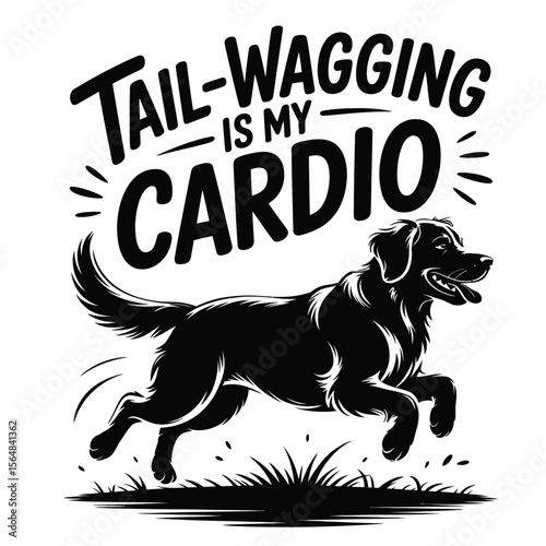Black and white vector of joyful golden retriever running with tail wagging and tail-wagging is my cardio quote