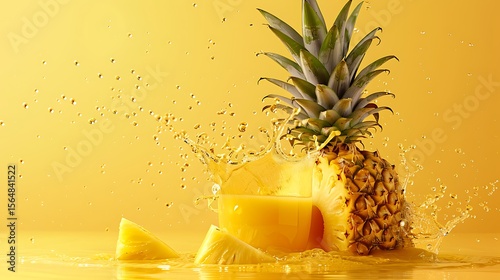 A vivid splash of pineapple juice creating droplets on a bright yellow backdrop.