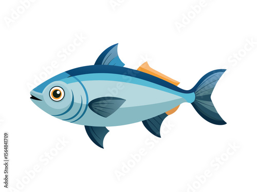 Stylized illustration of a sleek blue fish with orange accents swimming in profile against a white background

