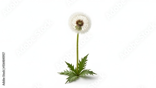 Photorealistic image of a dandelion seed head isolated on white. Airy white puffball with jagged green leaves. Botanical macro with soft light and natural detail.