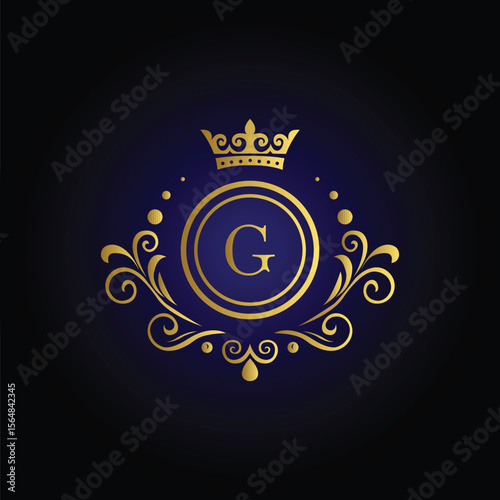 Sophisticated letter G logo with golden crown swirls and blue background for exclusive brand identity