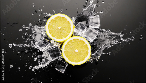 A stunning close-up macro image of two juicy citrus fruit cut in half, resting among ice cubes and some leaves of mint. Splashes of water erupt around the fruit, captured mid-air in crisp detail
