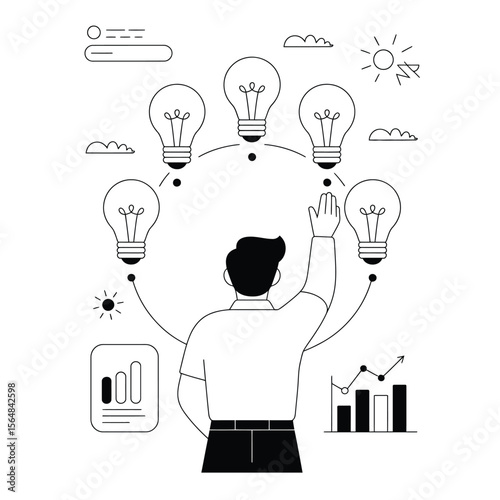 Black and white vector of person connecting dots between light bulbs on whiteboard representing concept to execution process