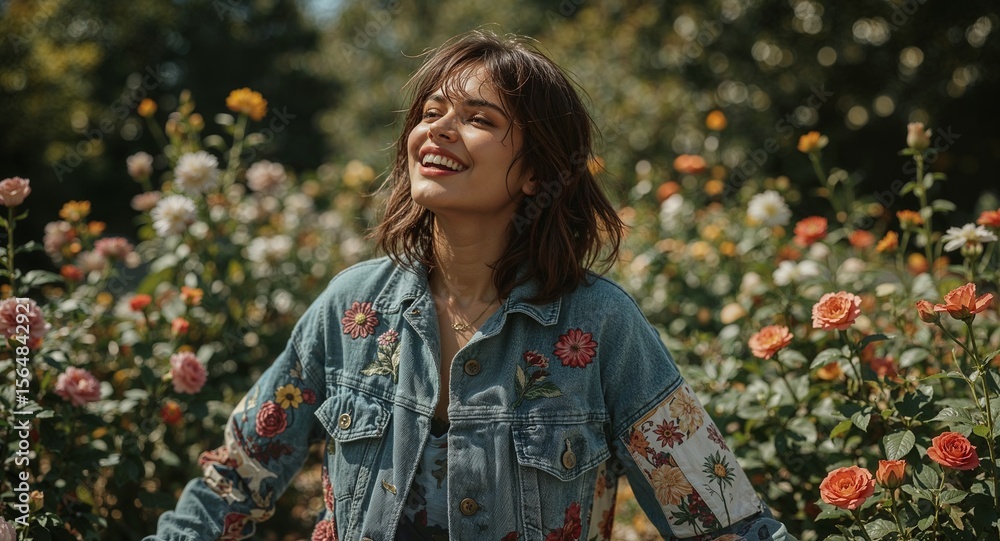 Smiling woman in a flower embroidered denim jacket standing in a garden with roses and other flowers Smiling woman in a flower embroidered denim jacket standing in a garden with roses and other flowers