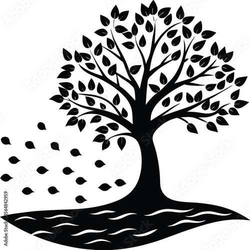 Autumn tree shedding leaves into river silhouette 