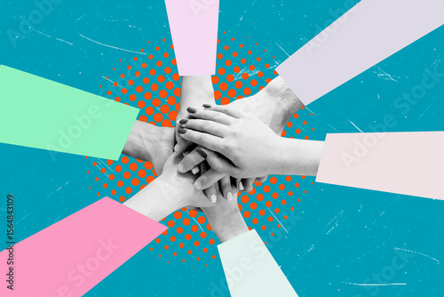 Fotografi Diverse hands joining together in a supportive gesture of teamwork and unity against a vibrant blue background