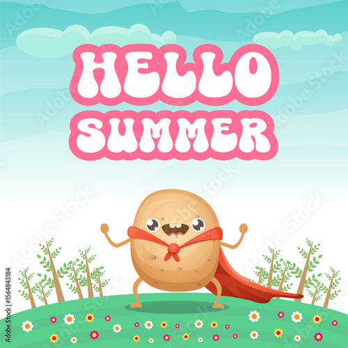 Hello summer banner or greeting card with cute super hero potato with red hero cape on green summer forest landscape background. Super vegetable kawaii food funky character