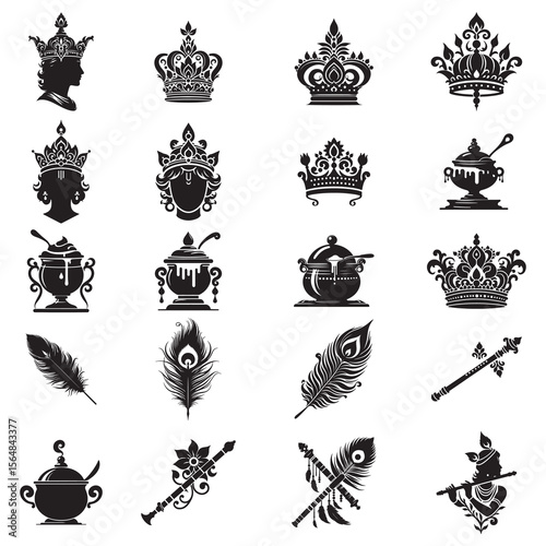 Collection silhouette of Janmashtami Theme Krishna’s accessories flute, crown, feather, butter pot on white background