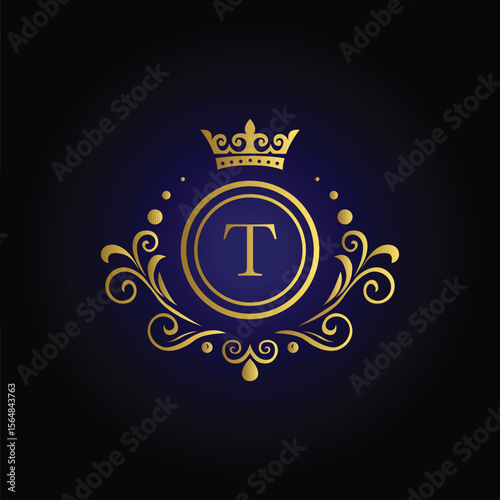 Sophisticated letter T logo with golden crown swirls and blue background for exclusive brand identity