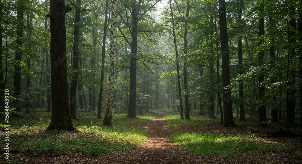 Obraz premium Sunlit Path Through a Misty Green Forest