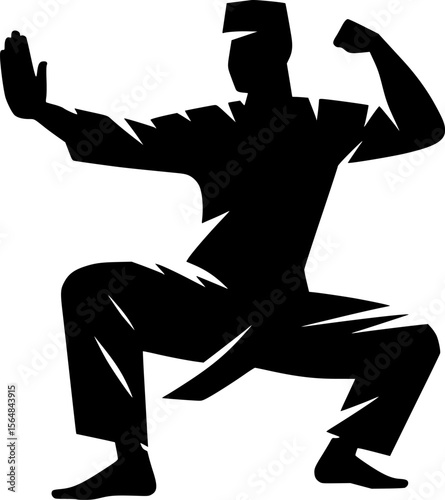 Black silhouette of a person performing silat move, minimalist style

