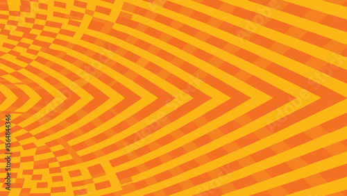 Abstract orange and yellow chevron pattern with distorted grid in upper left corner